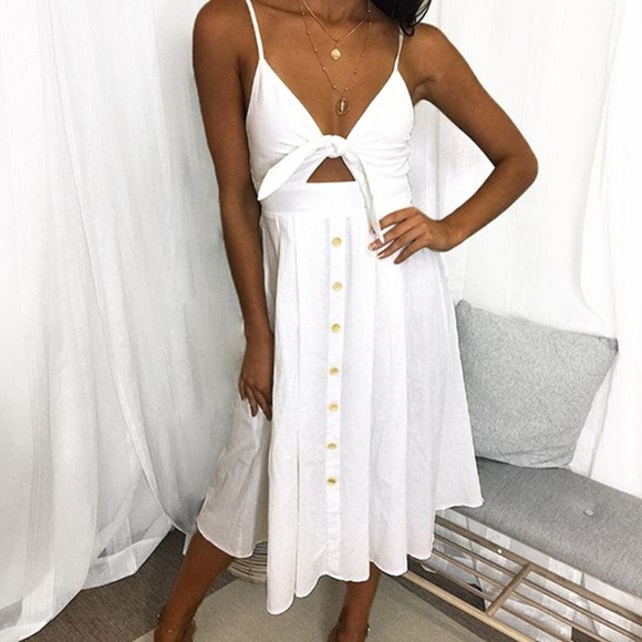 White - Sexy Bow Front Tie Midi Dress w/ Buttons - Picture 1 of 8